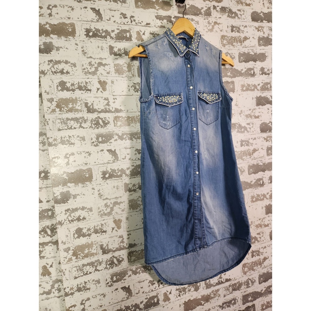 Denim Rhinestone Shirt Size Small Blue‎ Embellished Distressed Country Cowgirl - Picture 2 of 16